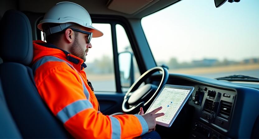 Close up of professional truck driver checking route on tablet