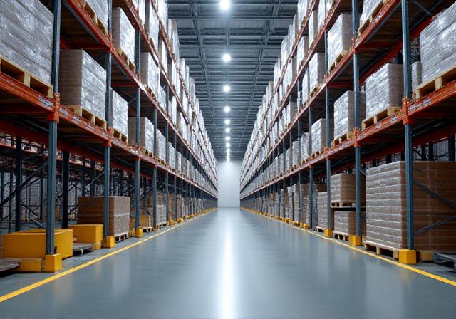 High bay warehouse storage with organized pallets