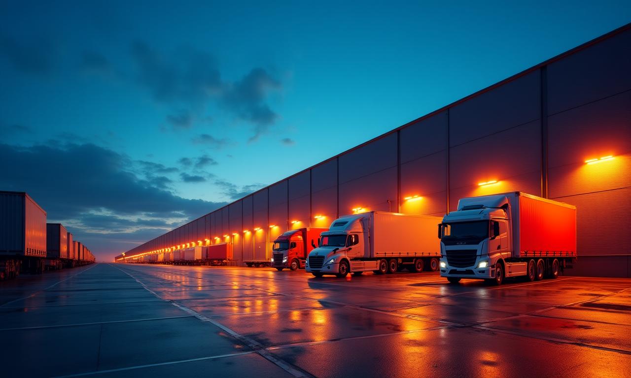 Logistics hub at dusk with dramatic lighting