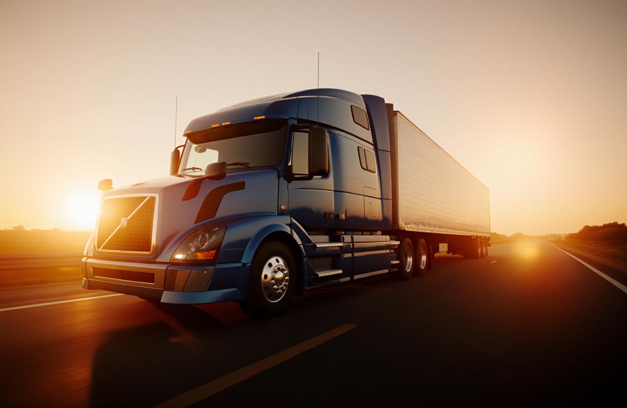 Heavy duty long-haul truck on an open highway at dusk